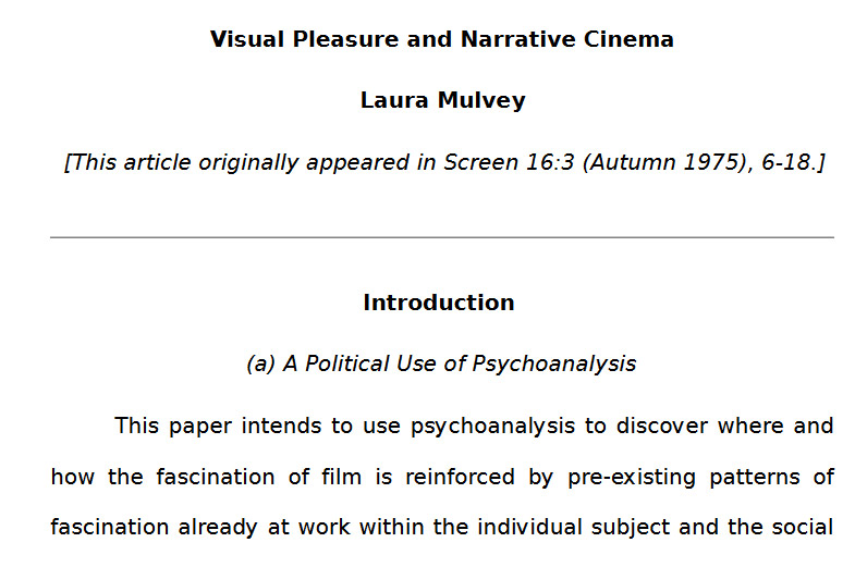 Laura Mulvey Essay about the male gaze in cinema